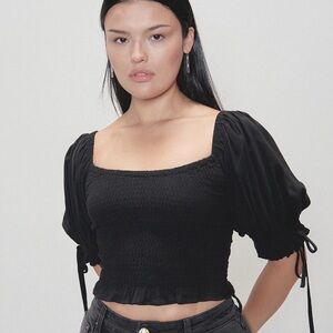 FASHION BRAND COMPANY Smocked Blouse Soft Linen Black Size XS